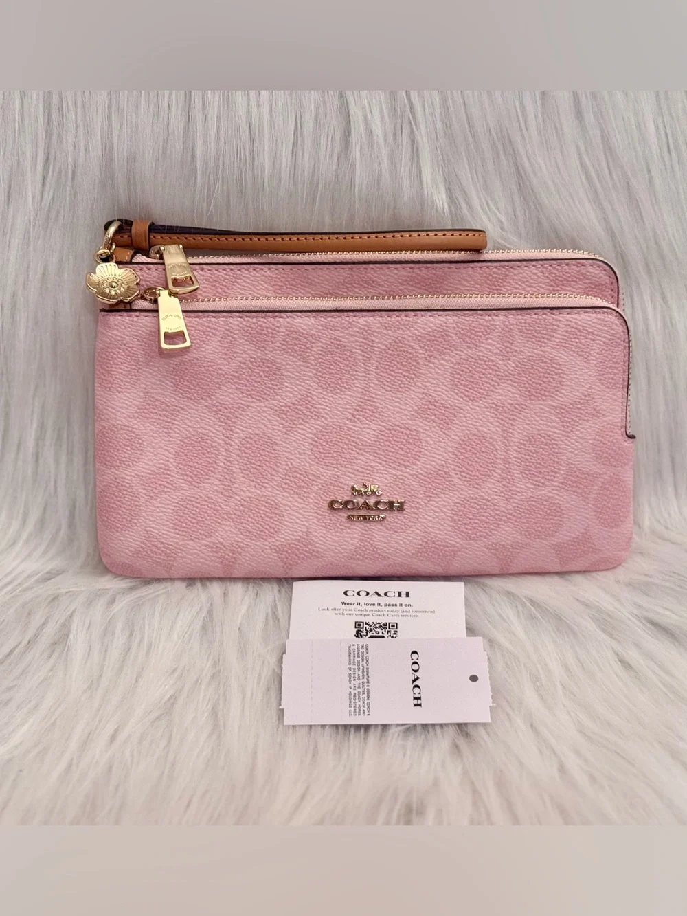 NWT Coach CEF61 Double Zip Wristlet In Signature Canvas With Charms Powder Pink